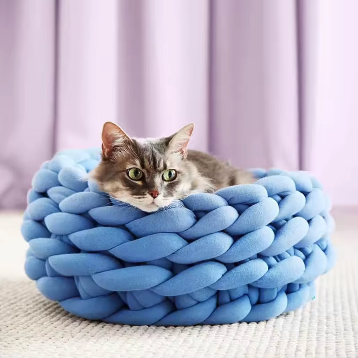 Handgewebtes Katzenbett Grey cat resting in a handmade blue chunky knit cat bed on a light carpet – modern and cozy pet furniture design. Graue Katze liegt entspannt in einem handgewebten, blauen Katzenbett aus dickem Chunky-Strick auf einem hellen Teppich – modernes und gemütliches Design für Haustiere.