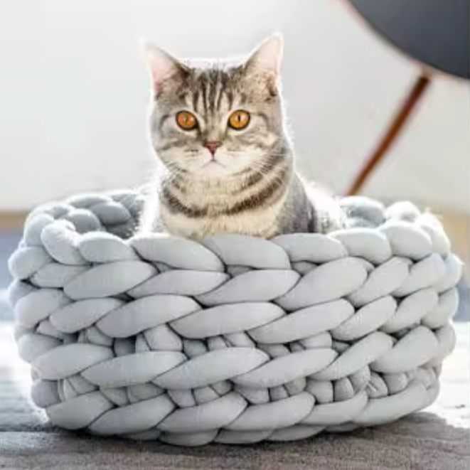 Handgewebtes Katzenbett Grey cat resting in a handmade blue chunky knit cat bed on a light carpet – modern and cozy pet furniture design. Graue Katze liegt entspannt in einem handgewebten, blauen Katzenbett aus dickem Chunky-Strick auf einem hellen Teppich – modernes und gemütliches Design für Haustiere.