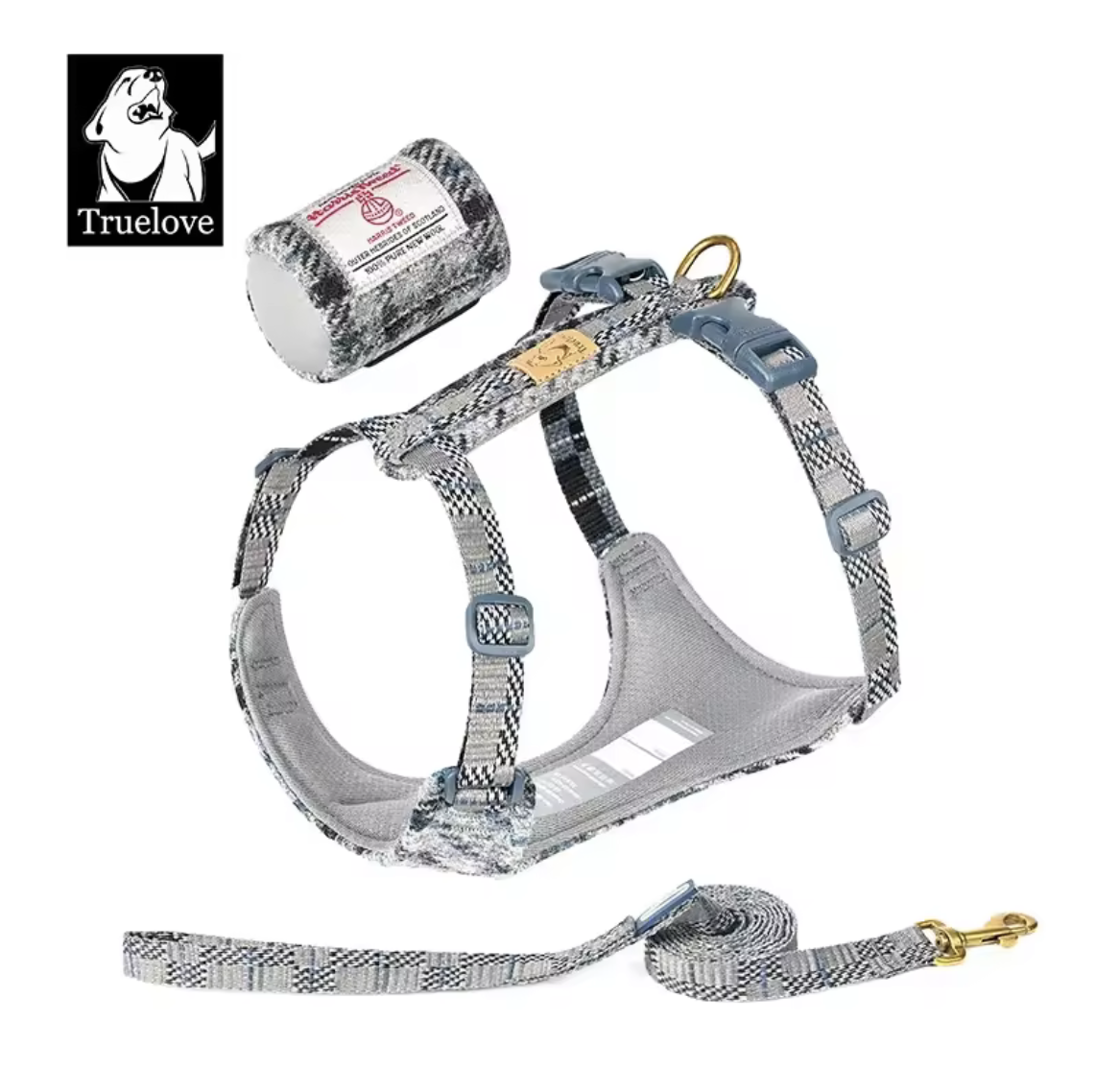 Harris Tweed Hundegeschirr + Leine + Tasche (3er Set)