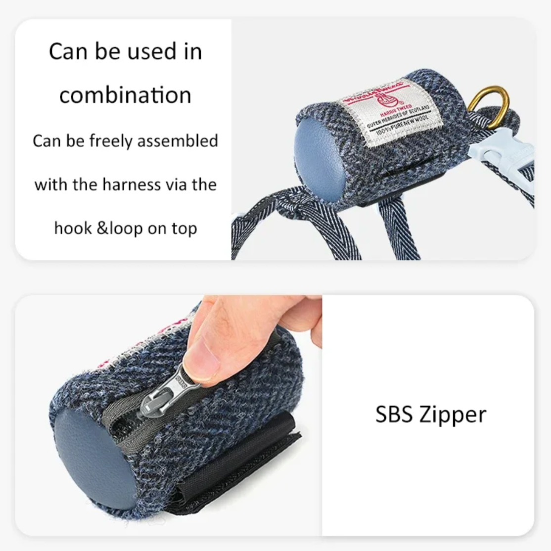 Harris Tweed Hundegeschirr + Leine + Tasche (3er Set)