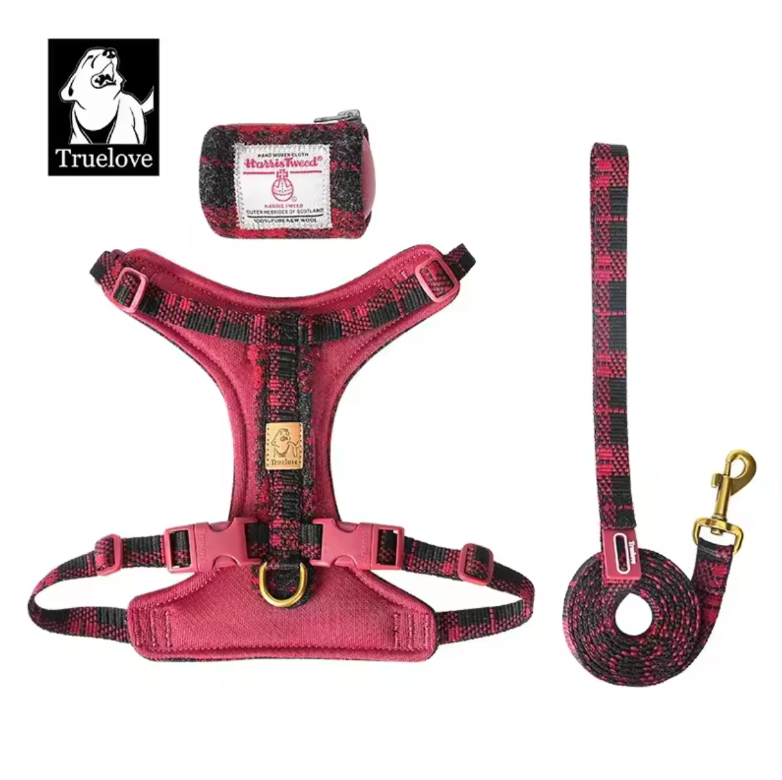 Harris Tweed Hundegeschirr + Leine + Tasche (3er Set)