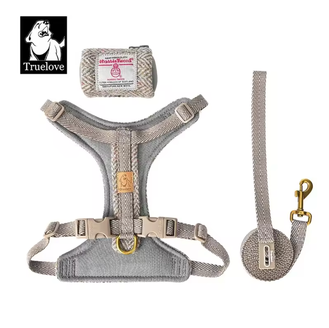 Harris Tweed Hundegeschirr + Leine + Tasche (3er Set)