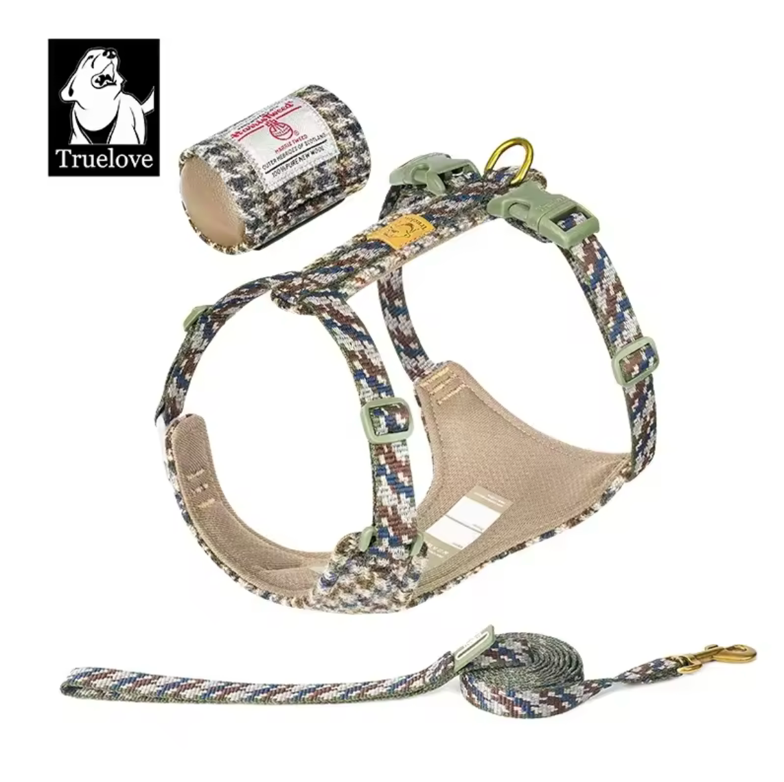 Harris Tweed Hundegeschirr + Leine + Tasche (3er Set)