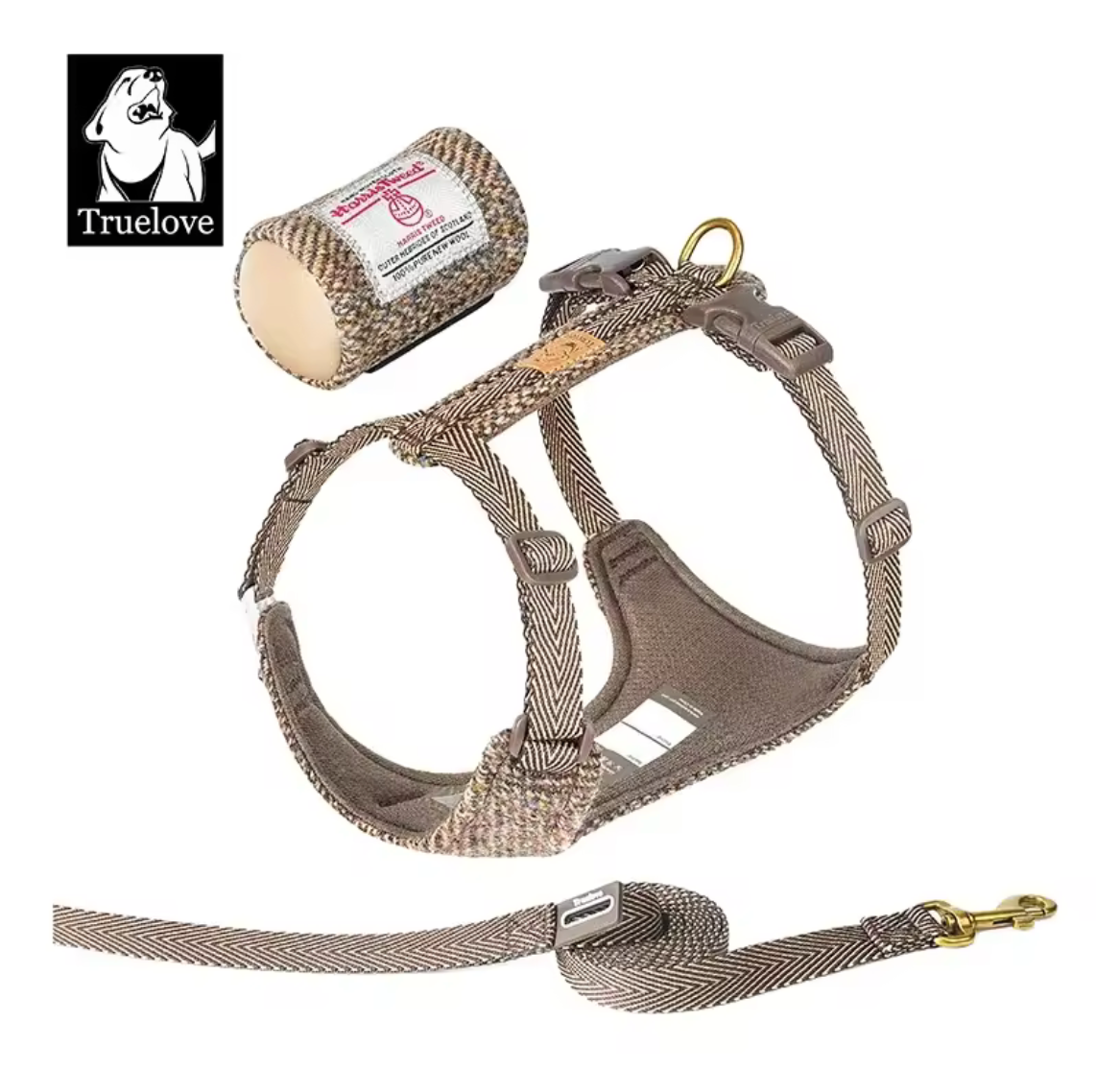 Harris Tweed Hundegeschirr + Leine + Tasche (3er Set)