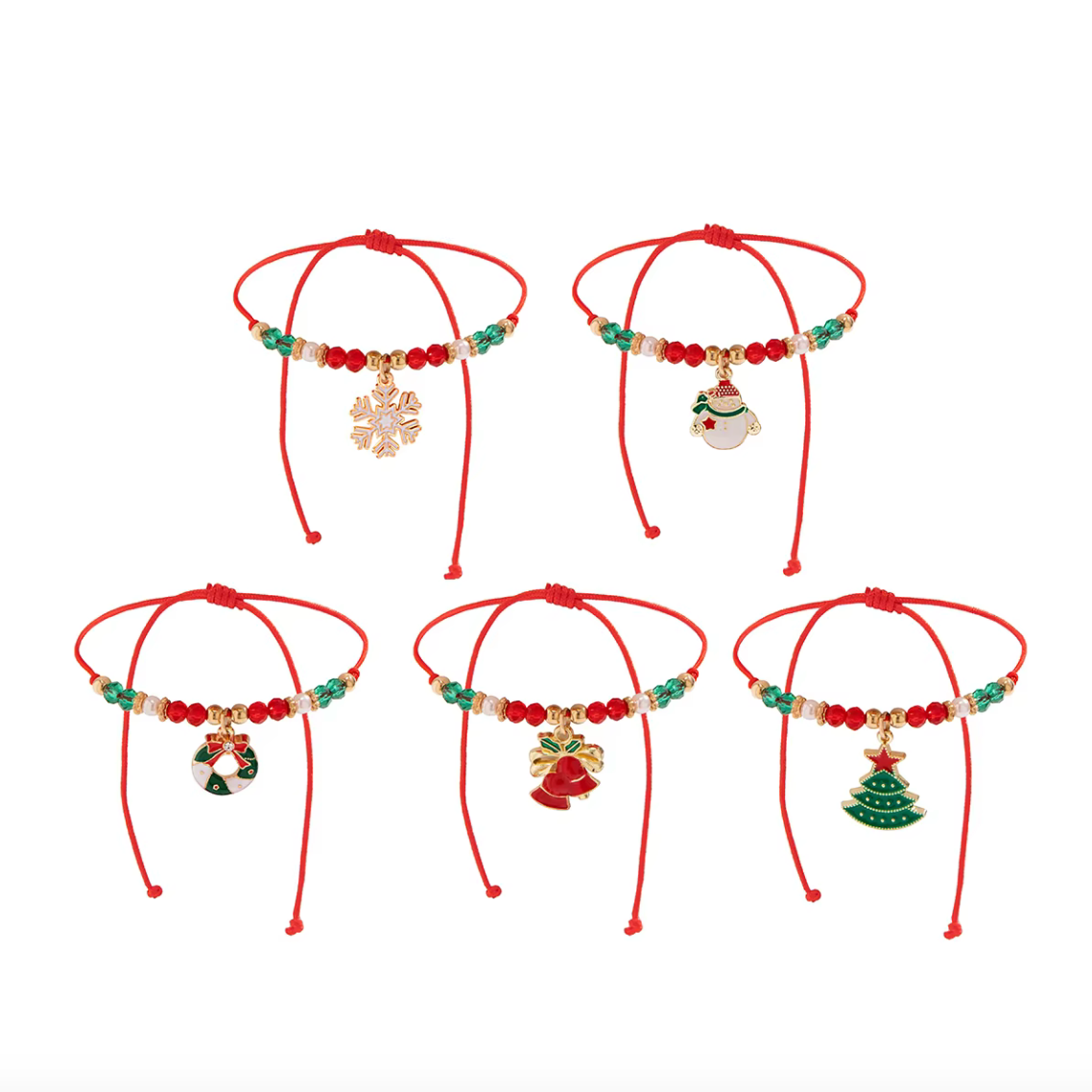 Armband "Christmas" Set of five delicate Christmas bracelets with festive charms: snowman, snowflake, Christmas bells, wreath, and Christmas tree