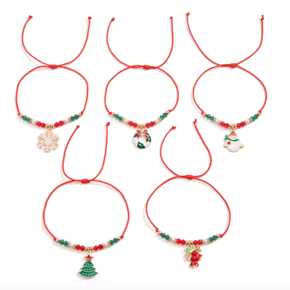 Armband "Christmas" Set of five delicate Christmas bracelets with festive charms: snowman, snowflake, Christmas bells, wreath, and Christmas tree