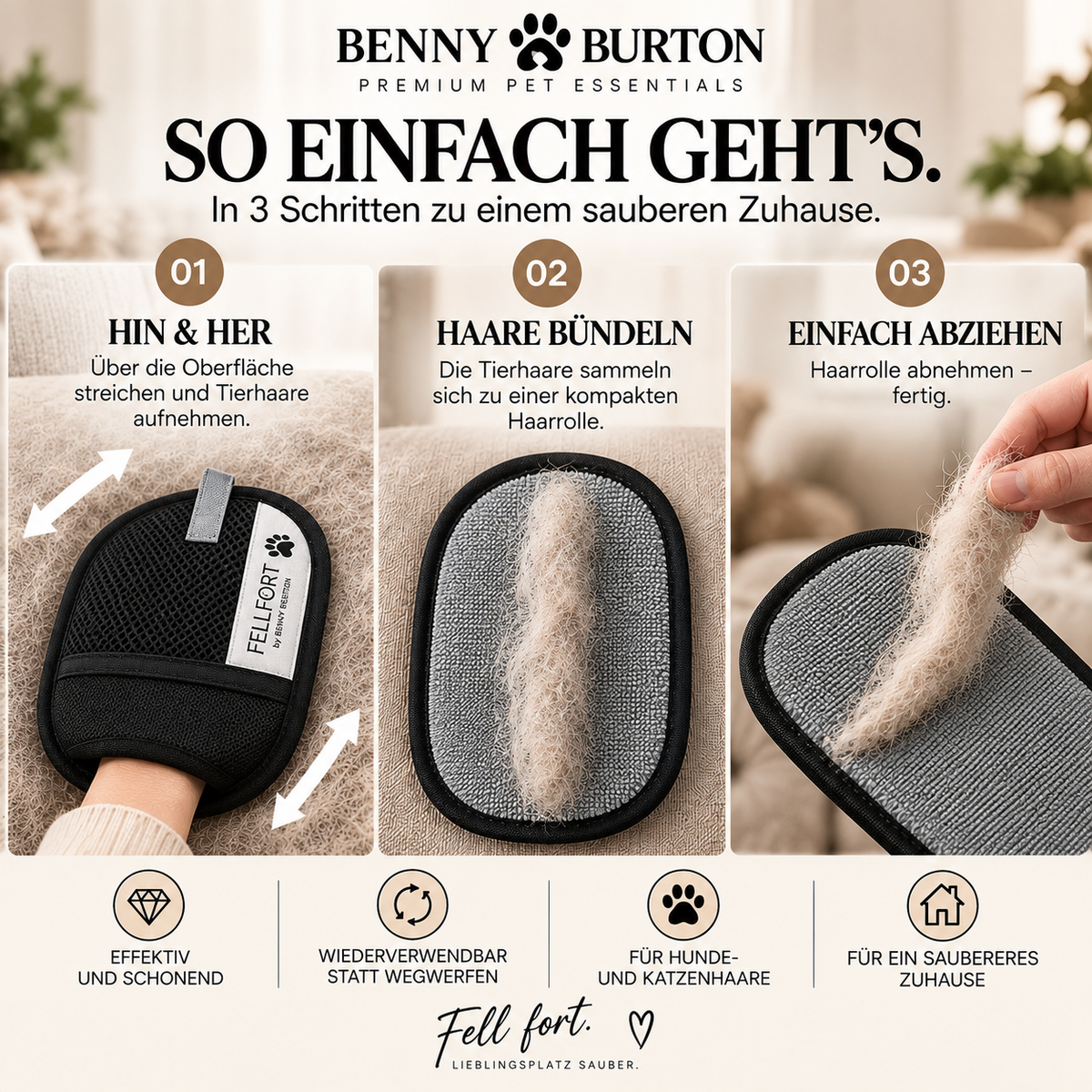 FELLFORT Tierhaarentferner Premium Version Hunde Katzen Sofa Kleidung Auto wiederverwendbar