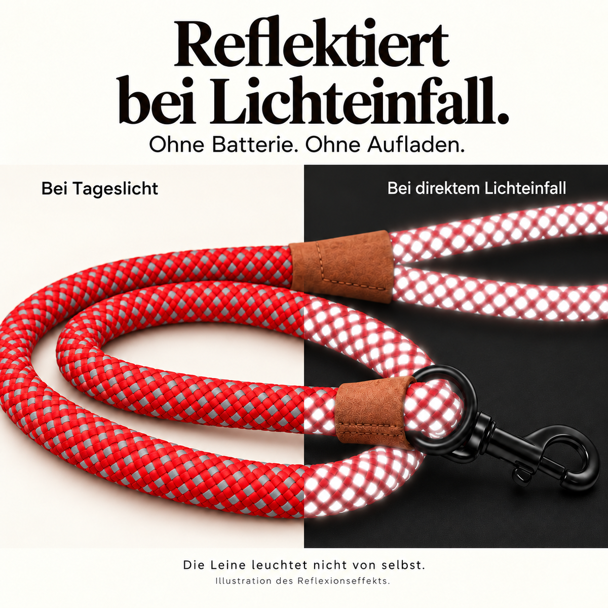 Reflektierende Hundeleine© mit Handschlaufe und veganem Leder in 4 Farben und Varianten