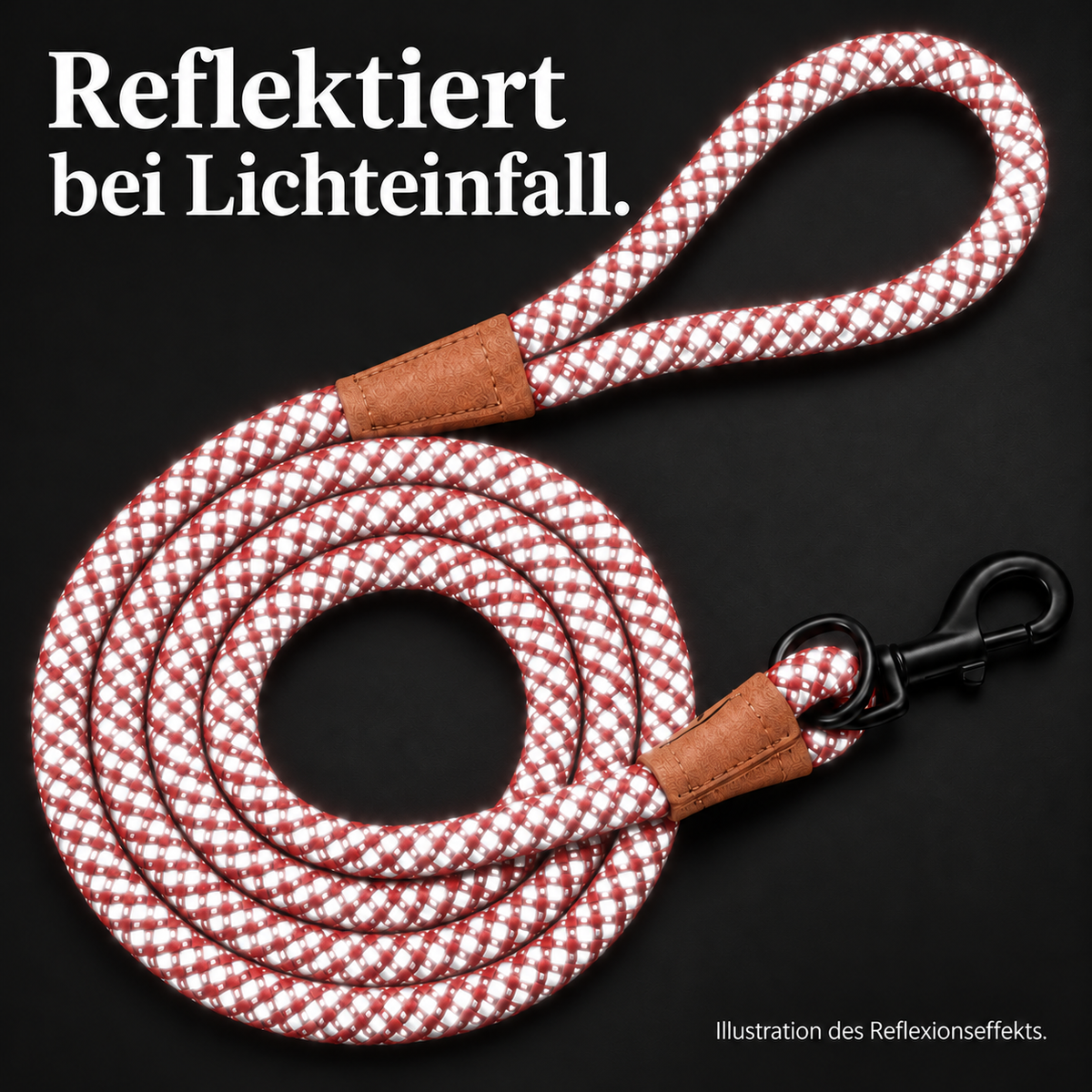 Reflektierende Hundeleine© mit Handschlaufe und veganem Leder in 4 Farben und Varianten