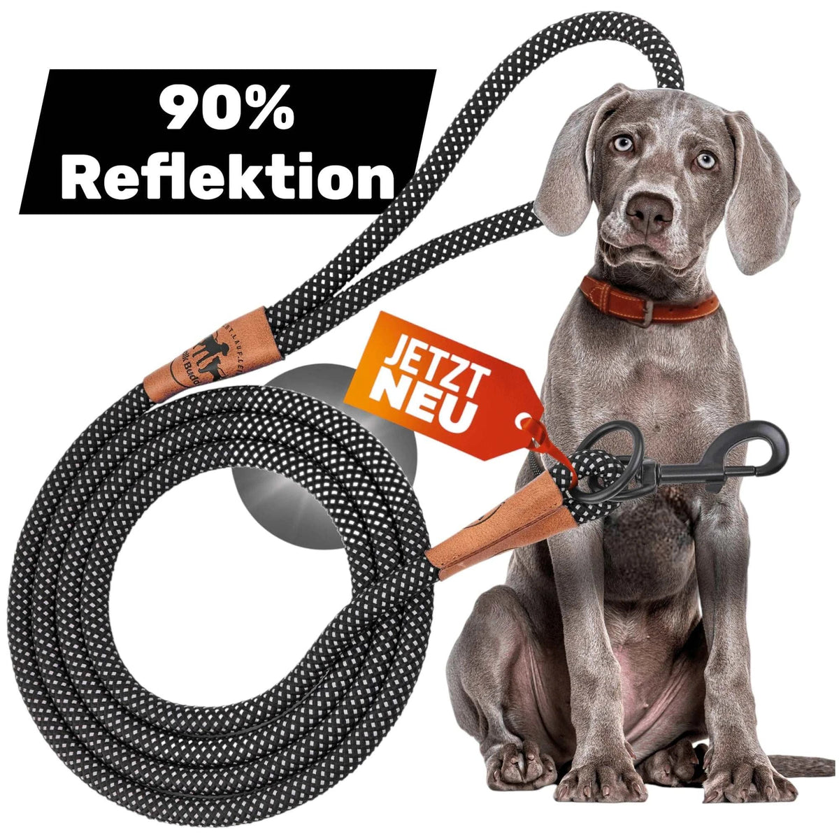 Reflektierende Hundeleine© mit Handschlaufe und veganem Leder in 4 Farben und Varianten
