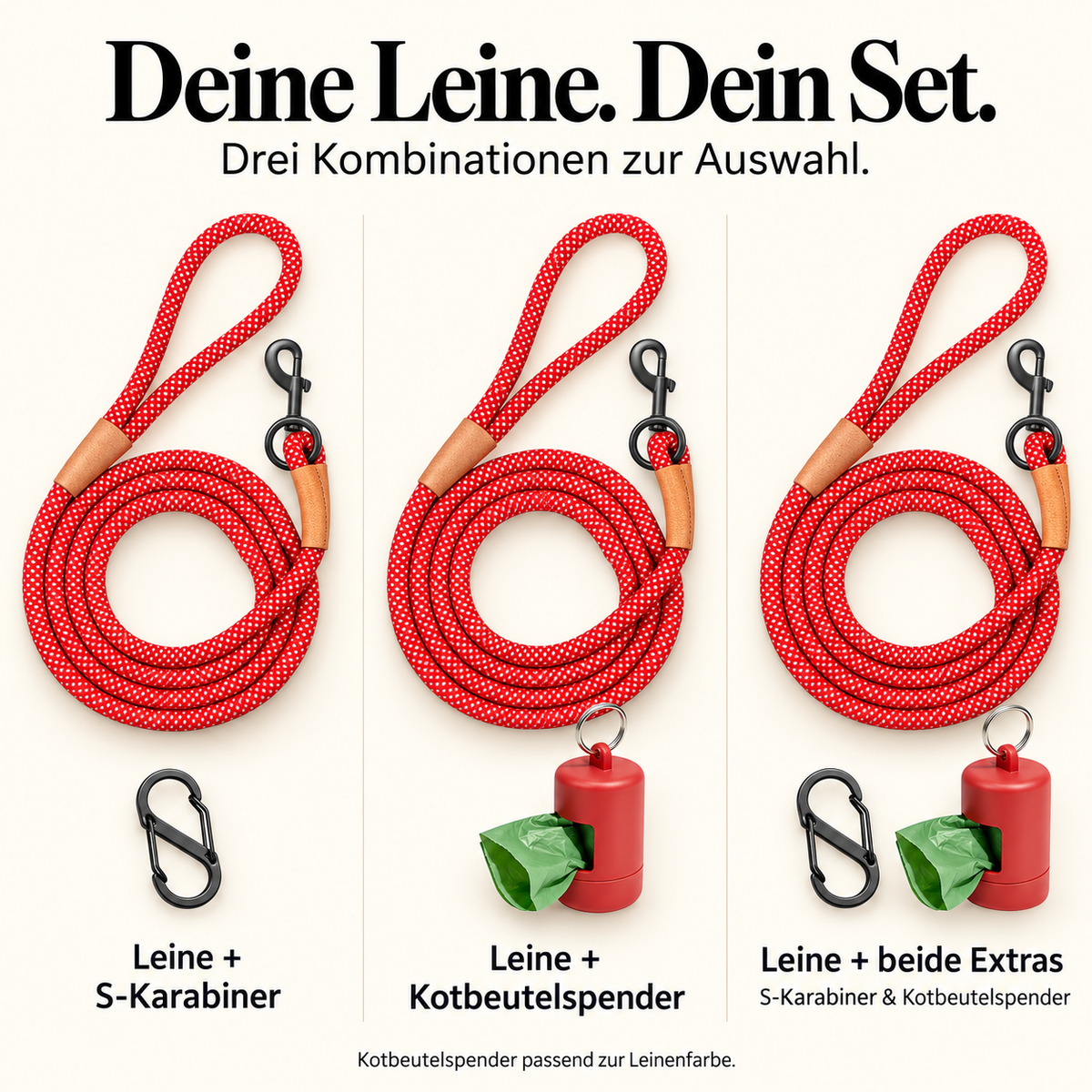 Reflektierende Hundeleine© mit Handschlaufe und veganem Leder in 4 Farben und Varianten